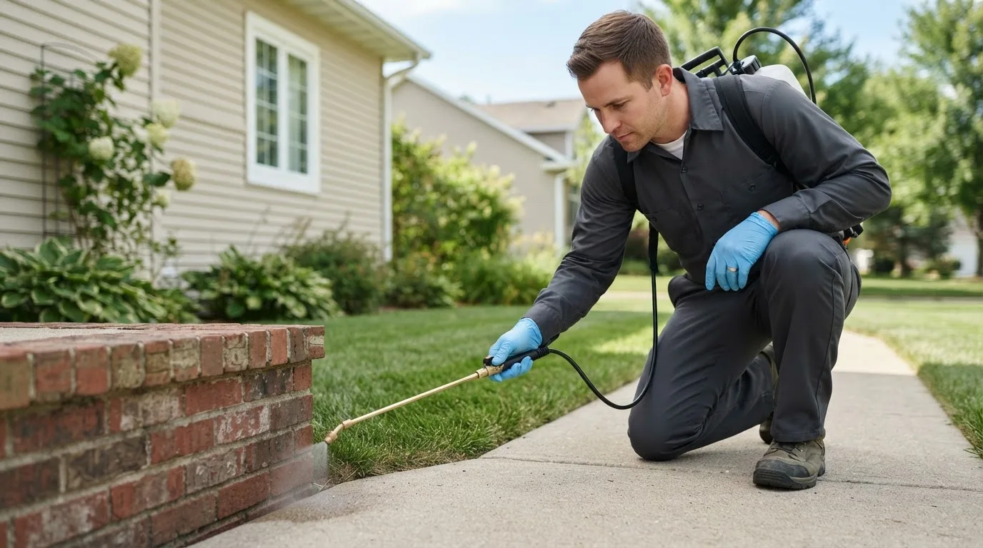 Pest control technician treating a home near Zeeland, ND