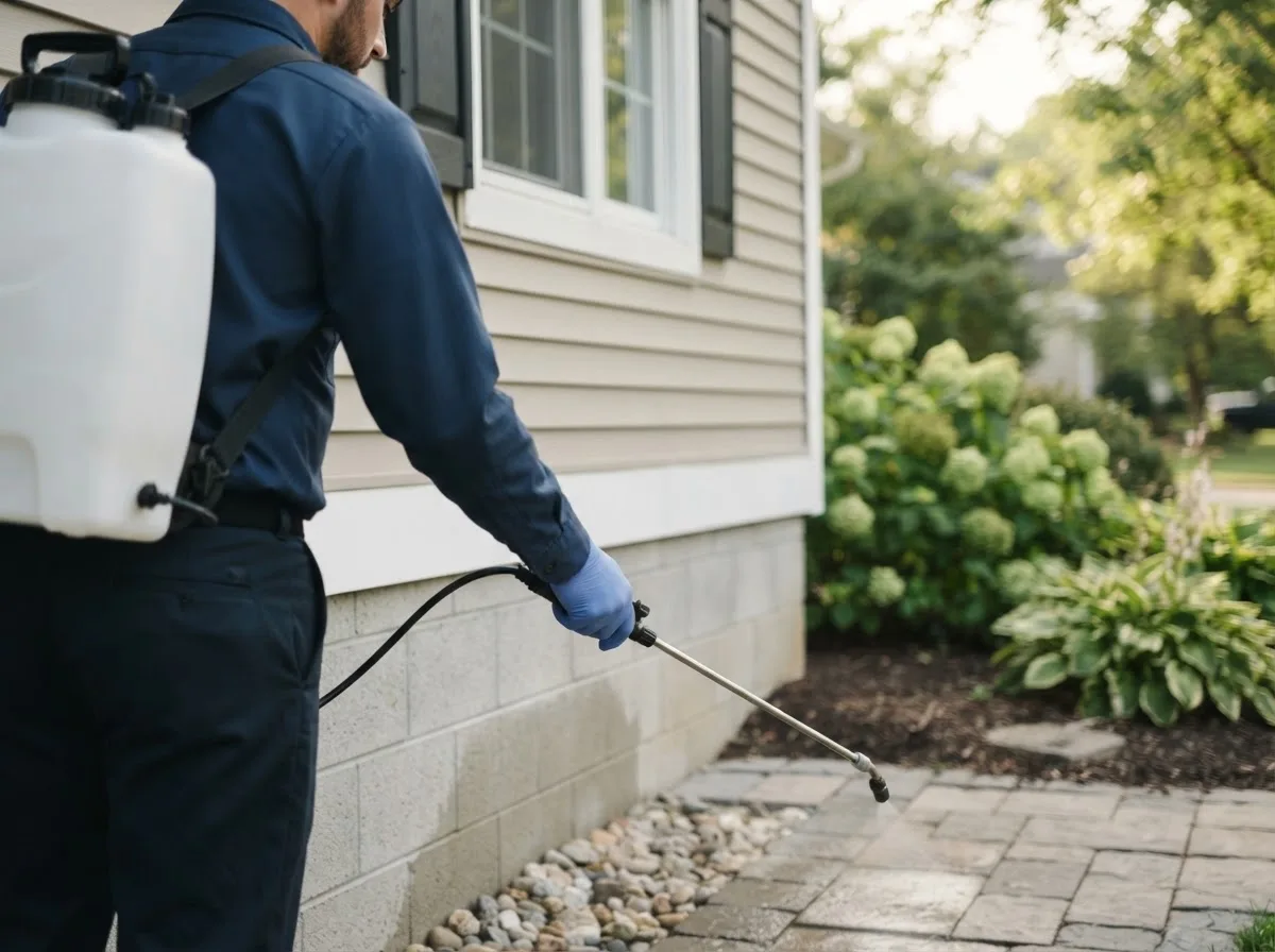 Pest control technician inspecting a home in Zeeland, ND